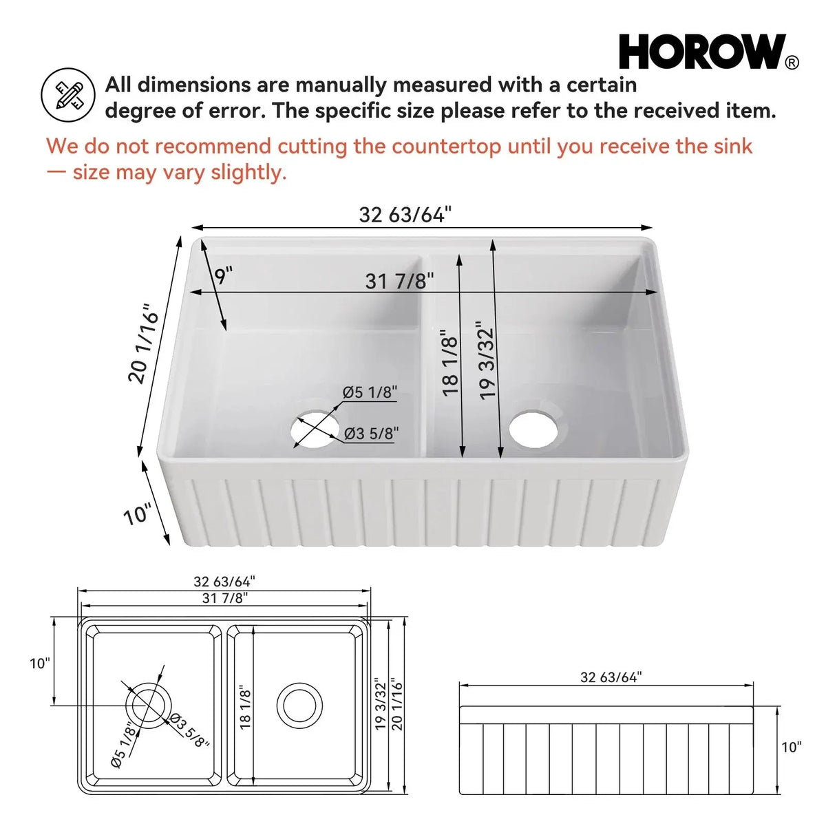 HOROW 33" Double Bowl Ceramic Kitchen Sink with Drainboard HOROW