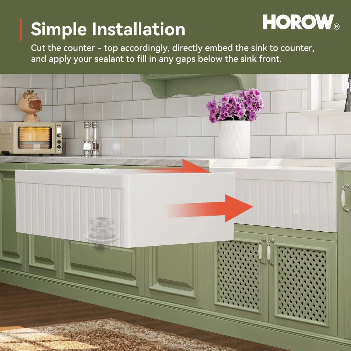 HOROW 33" Double Bowl Ceramic Kitchen Sink with Drainboard HOROW
