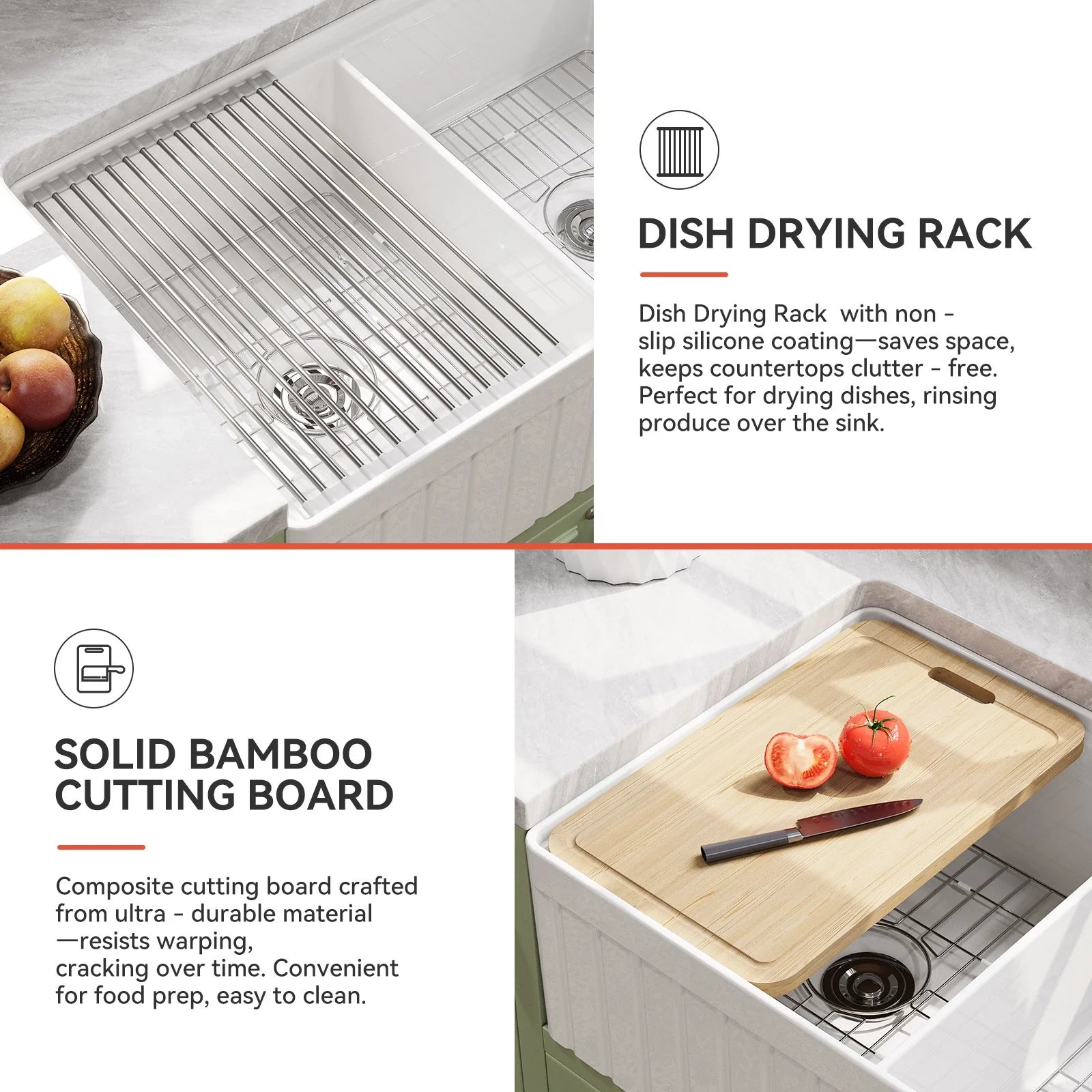 HOROW 33" Double Bowl Ceramic Kitchen Sink with Drainboard