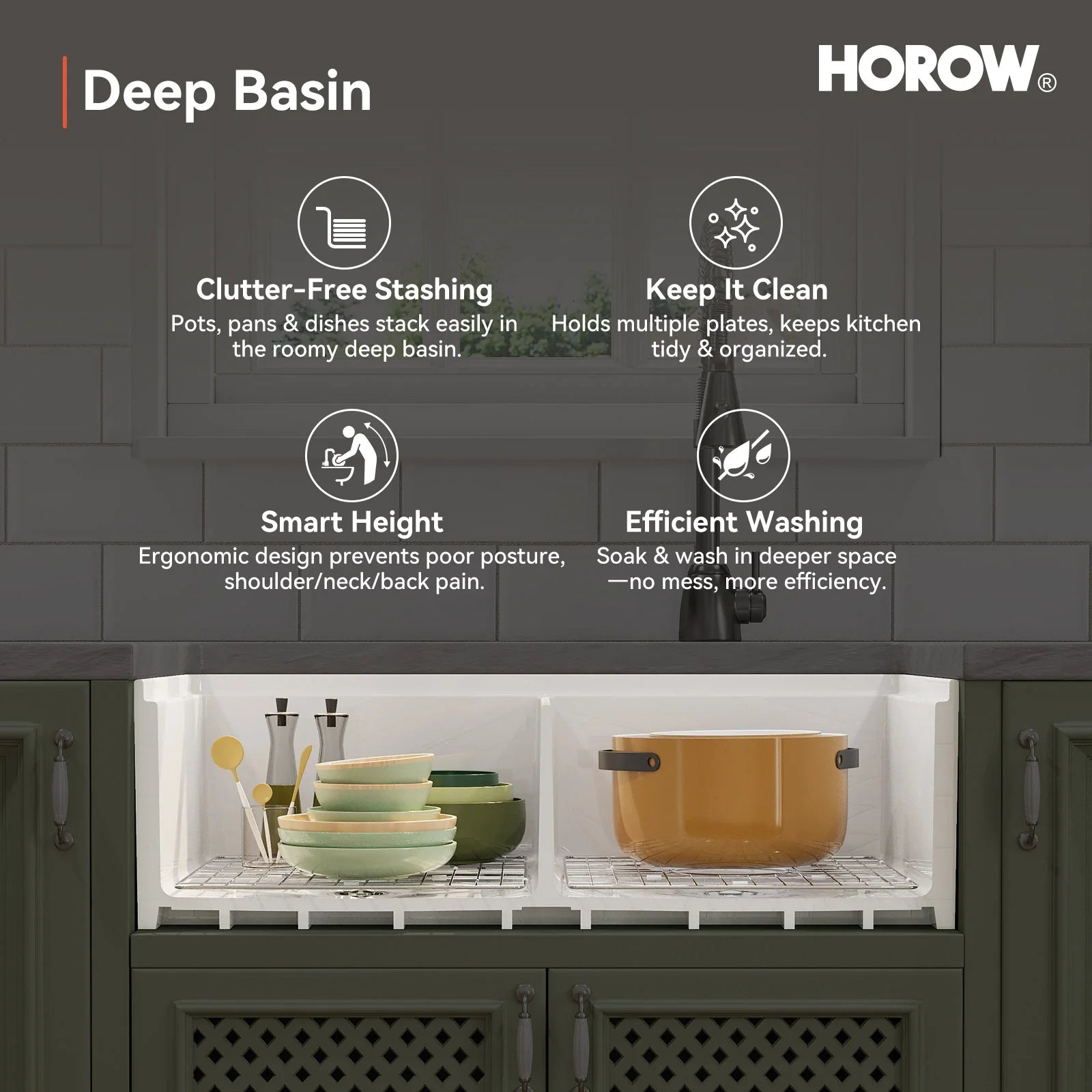 HOROW 33" Double Bowl Ceramic Kitchen Sink with Drainboard