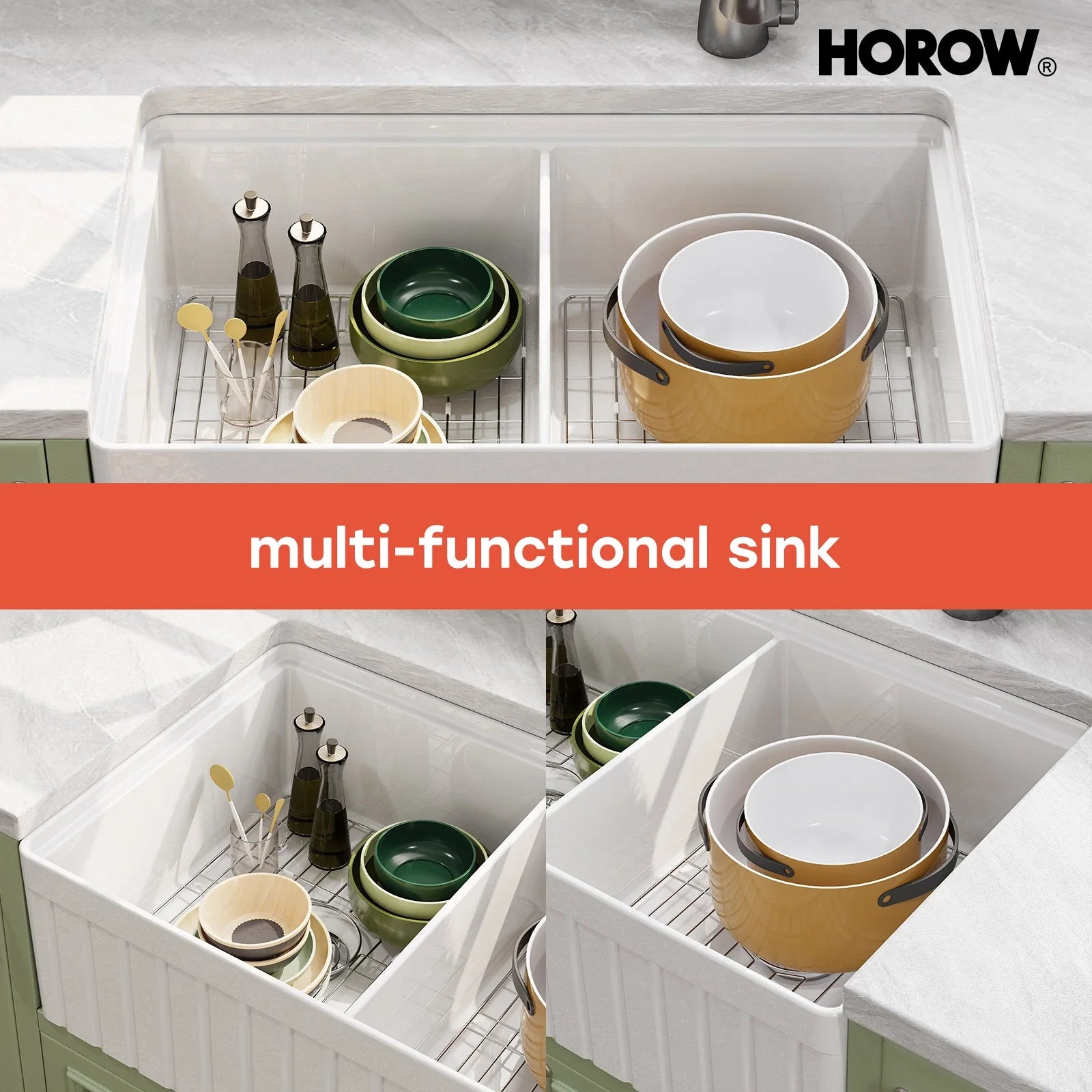 HOROW 33" Double Bowl Ceramic Kitchen Sink with Drainboard