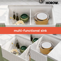 HOROW 33" Double Bowl Ceramic Kitchen Sink with Drainboard