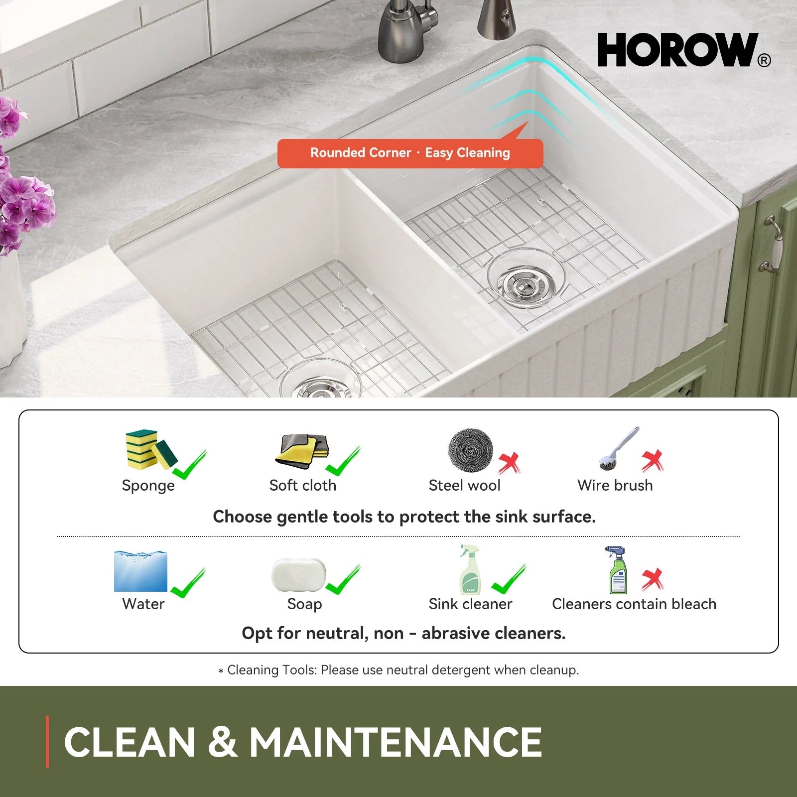 HOROW 33" Double Bowl Ceramic Kitchen Sink with Drainboard