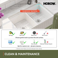 HOROW 33" Double Bowl Ceramic Kitchen Sink with Drainboard