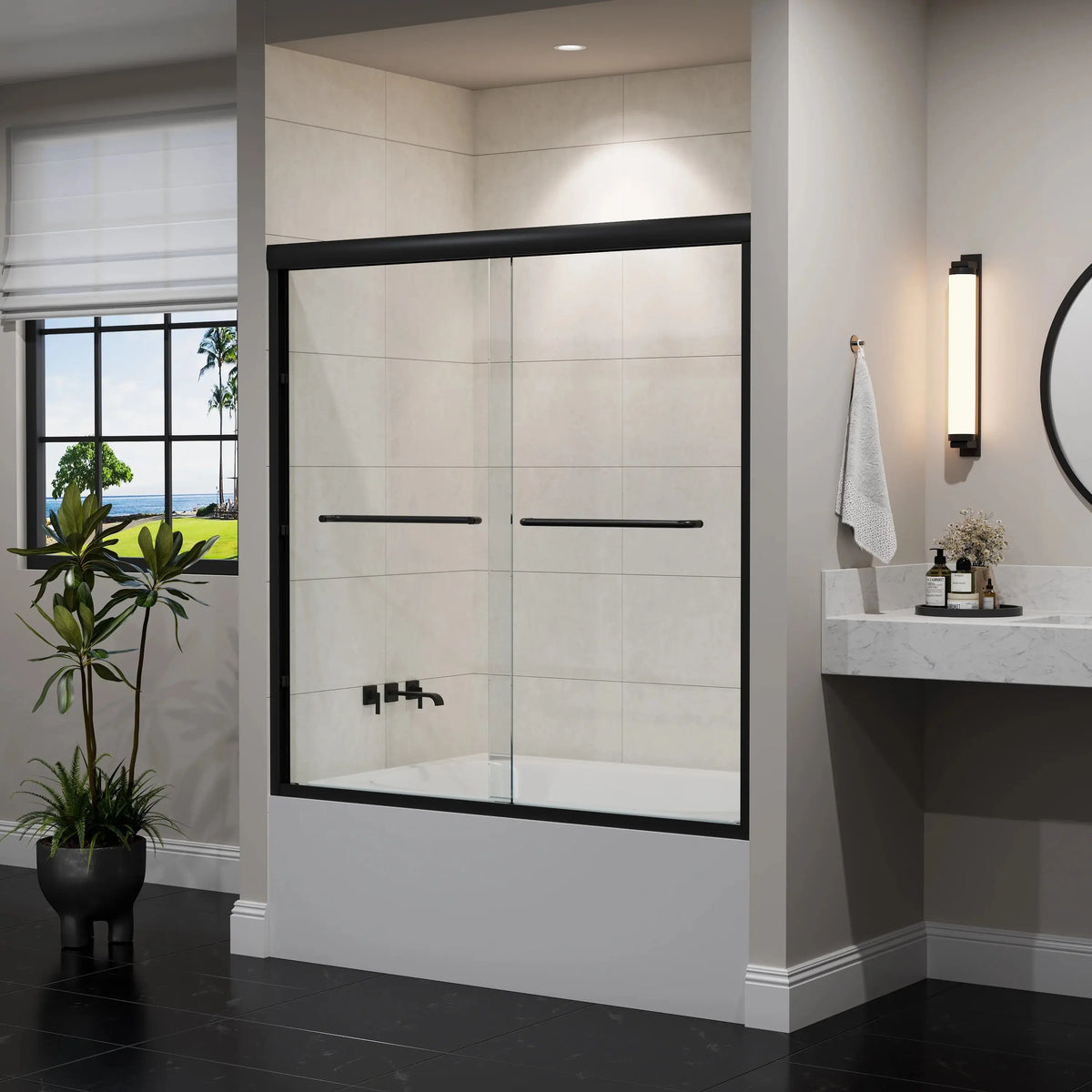 60 Inch Matte Black Bathtub Shower Door – BE6060-MB with Anti-Jumping Glass HOROW