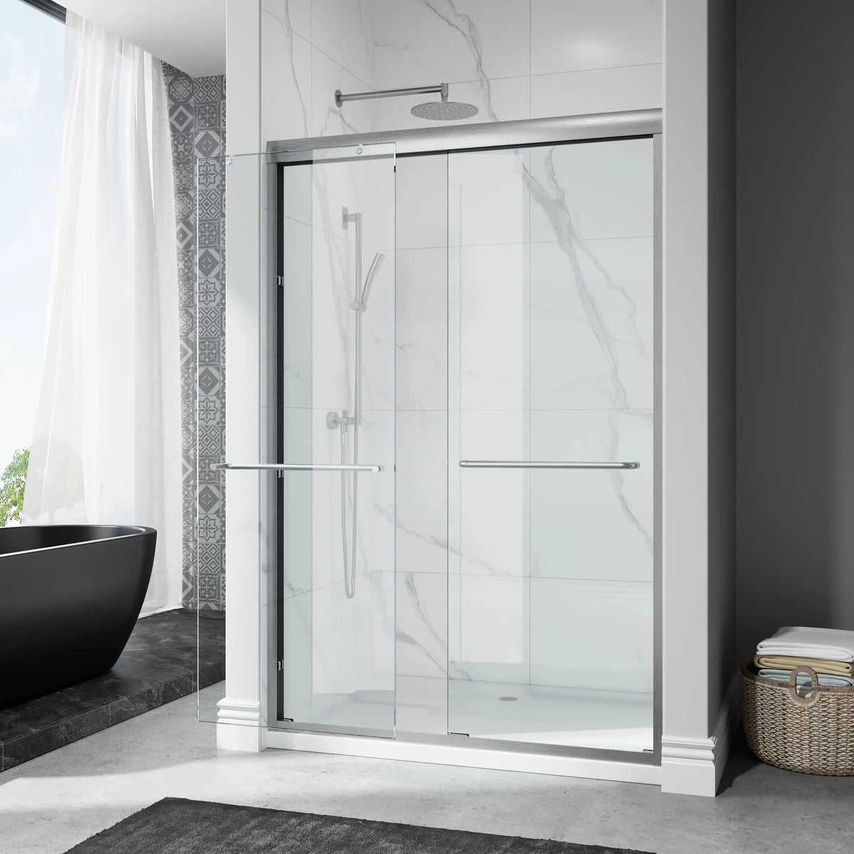 Brushed Nickel Double Sliding Shower Door with Wet-Dry Separation Model HR4872-BN HOROW