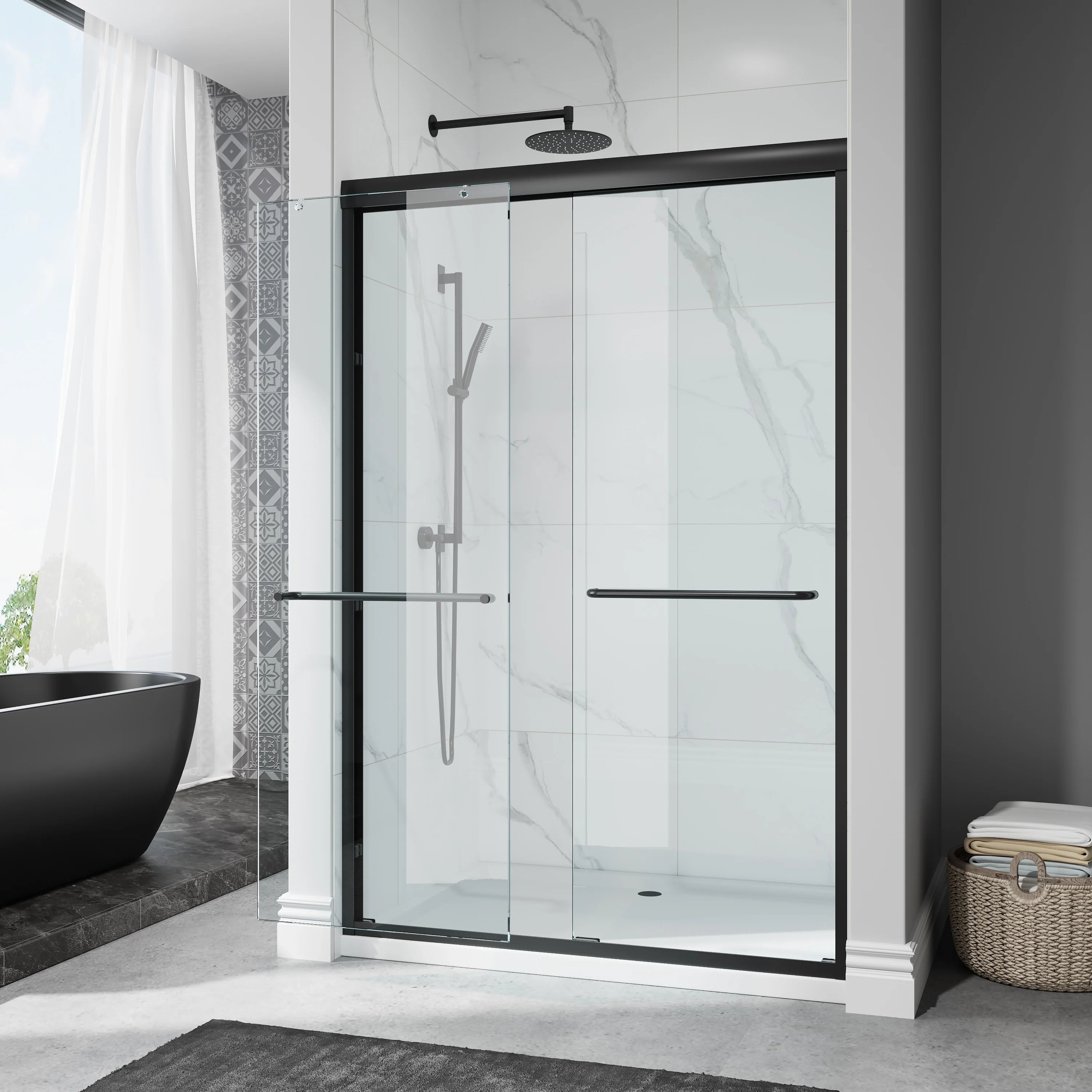Matte Black Double Sliding Shower Door – Model HR4872-MB, 1/4" Thick Glass
