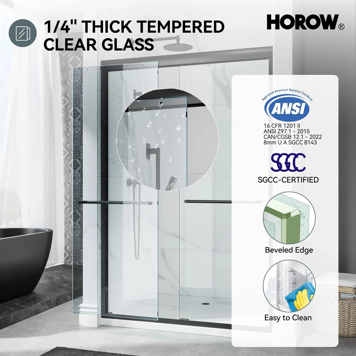 Matte Black Double Sliding Shower Door – Model HR4872-MB, 1/4" Thick Glass HOROW