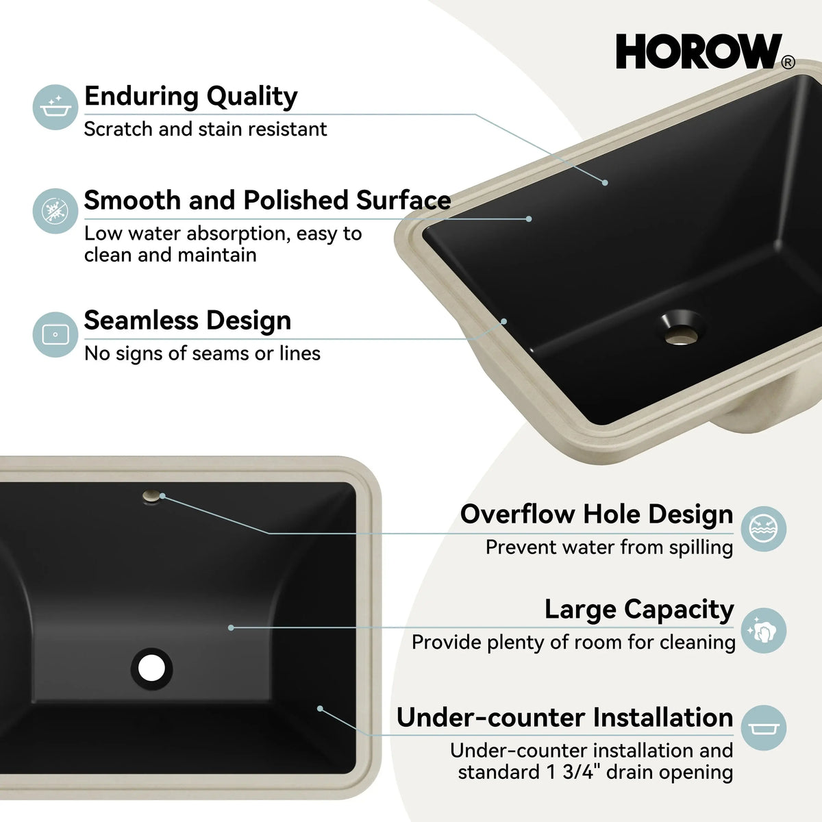 Black Undermount Rectangle Bathroom Sink with Overflow – HWTP-S5138D-B HOROW