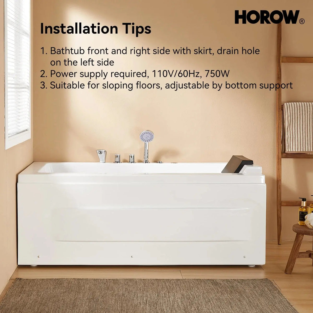 59 Inch Whirlpool Bathtub with Light and Shower Head Model M59-L HOROW