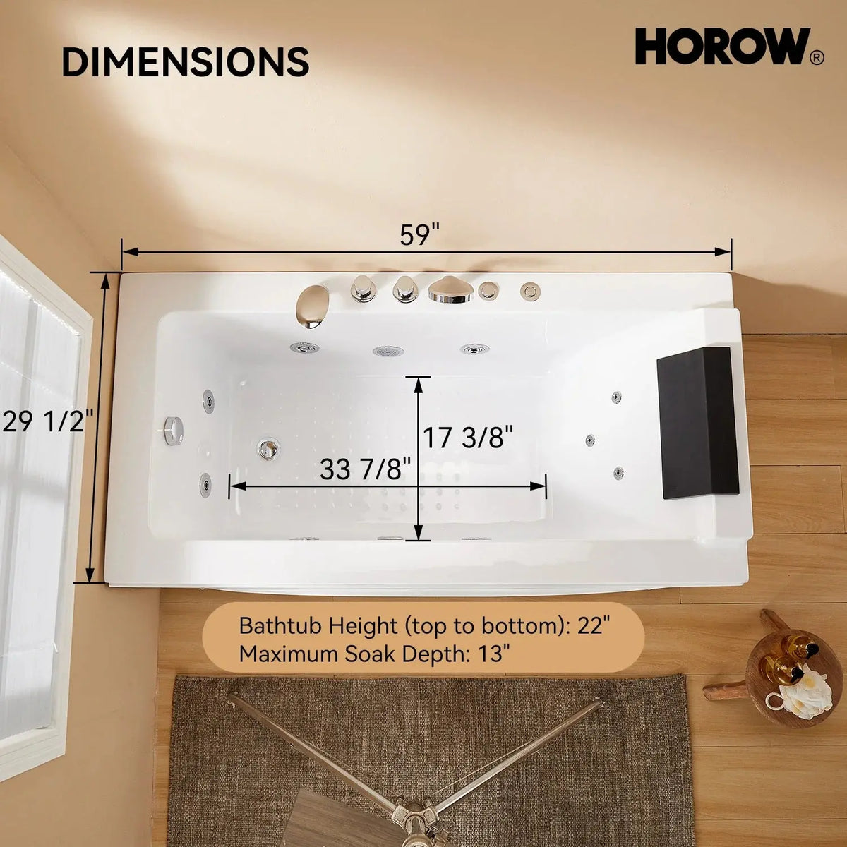 59 Inch Whirlpool Bathtub with Light and Shower Head Model M59-L HOROW