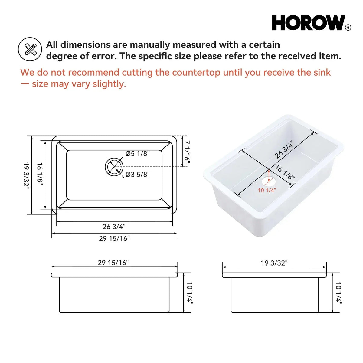 30 Inch Top Mount Kitchen Sink with Drainboard – Creamic Single Bowl HOROW