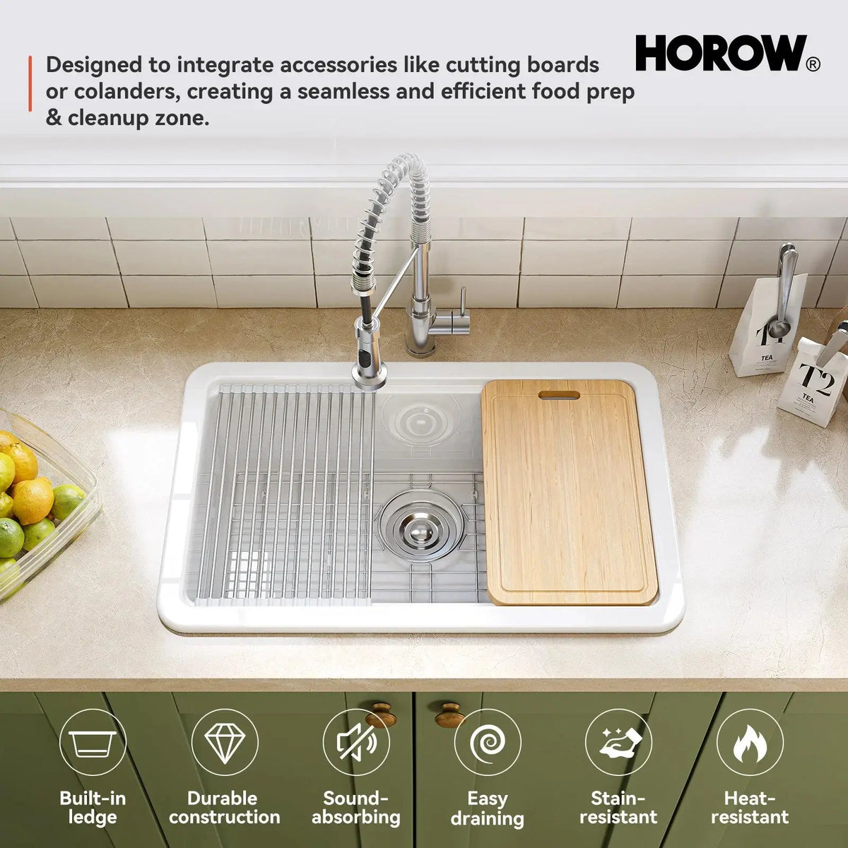 30 Inch Top Mount Kitchen Sink with Drainboard – Creamic Single Bowl HOROW