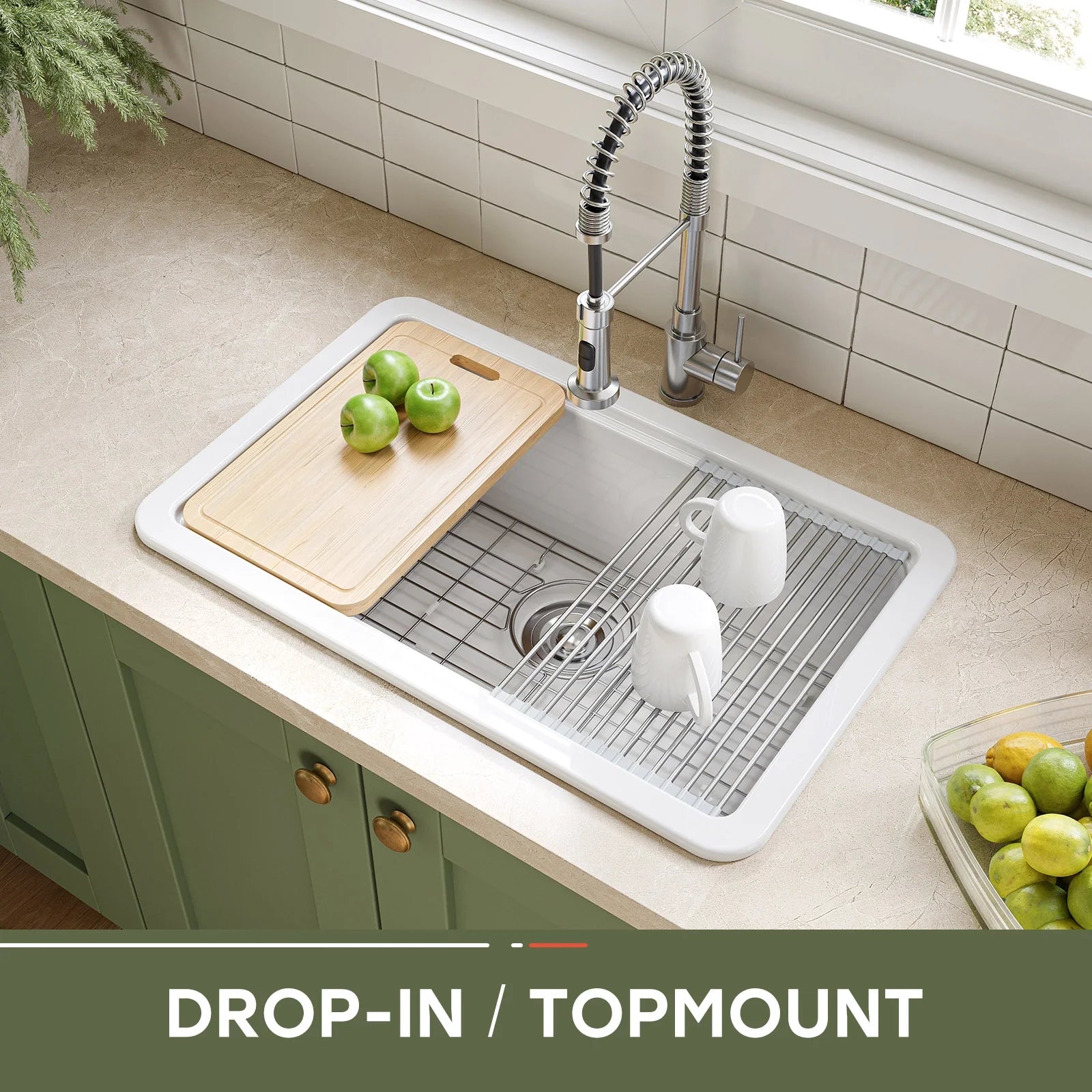 30 Inch Top Mount Kitchen Sink with Drainboard – Creamic Single Bowl