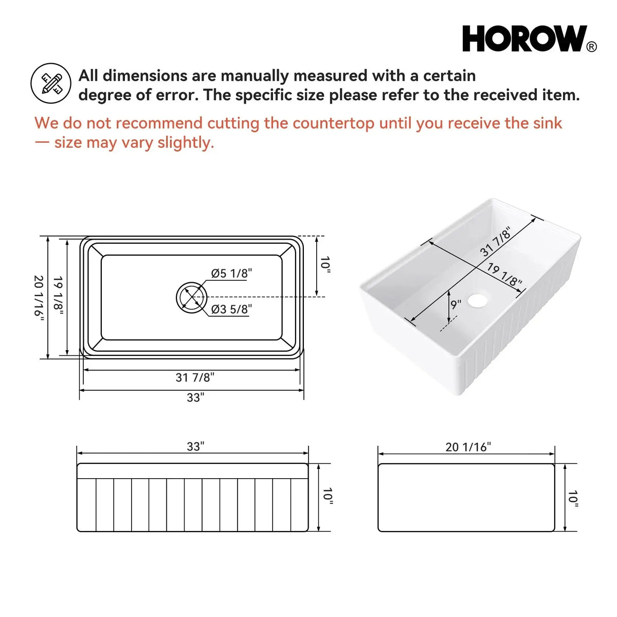 33 Inch Undermount Workstation Kitchen Sink with Grid HOROW