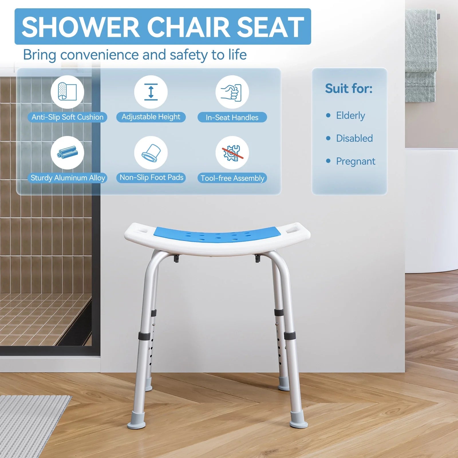 HOROW Shower Chair with Adjustable Height for Elderly – Safe & Comfortable Bath Seat