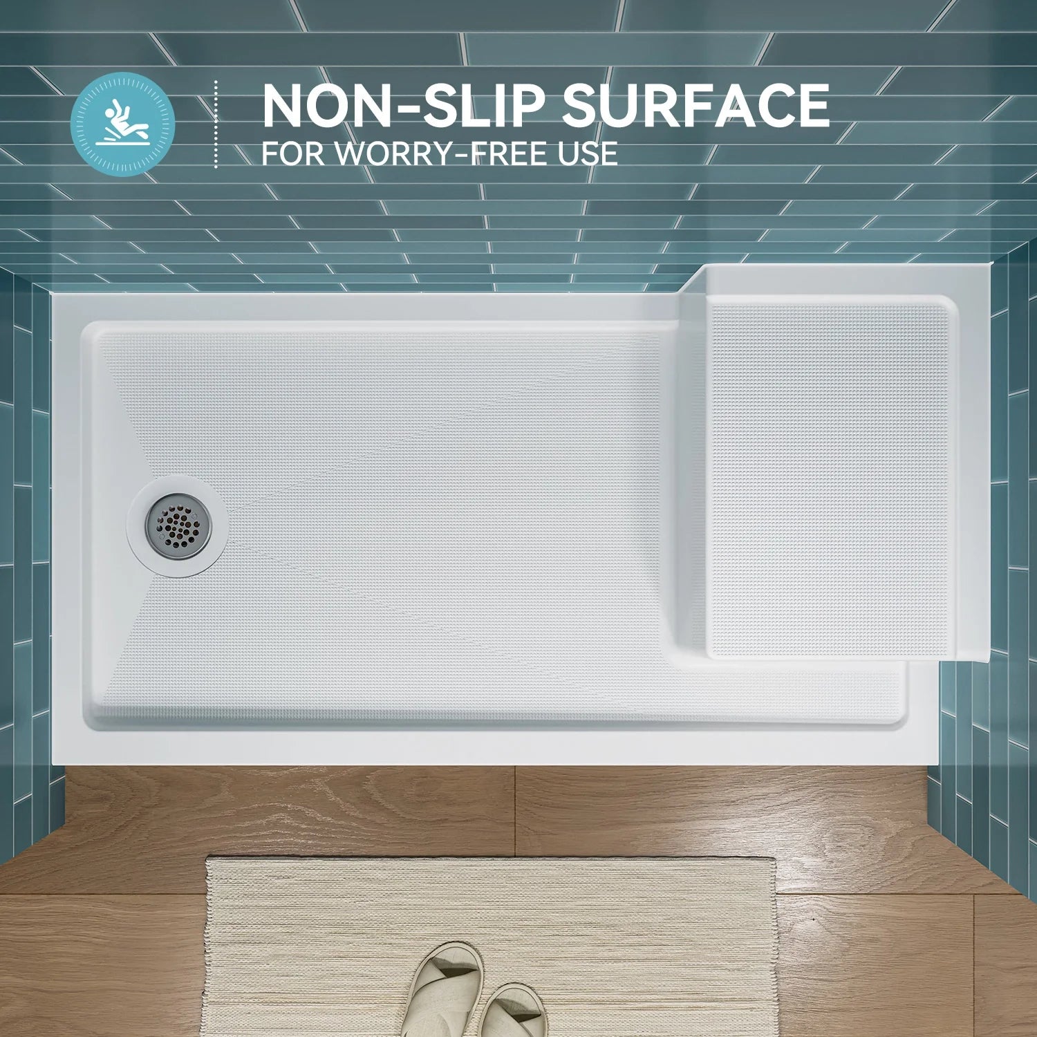 Shower Base with Chrome Left Drain and Seat Model SS6032-CH-L