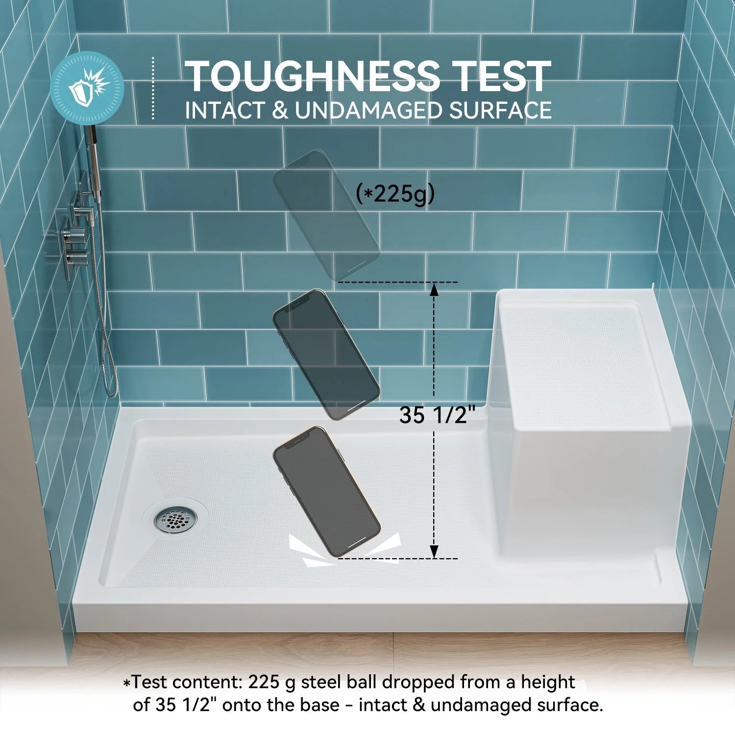Shower Base with Chrome Left Drain and Seat Model SS6032-CH-L