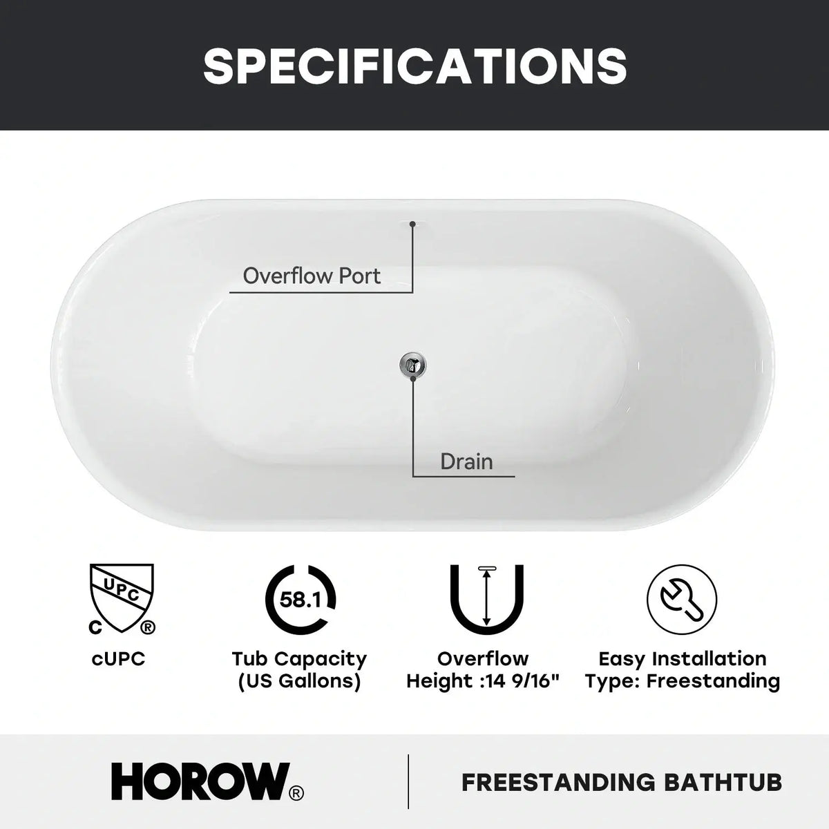 HOROW 59 Inch Acrylic Freestanding Tub Model ST59-CH HOROW