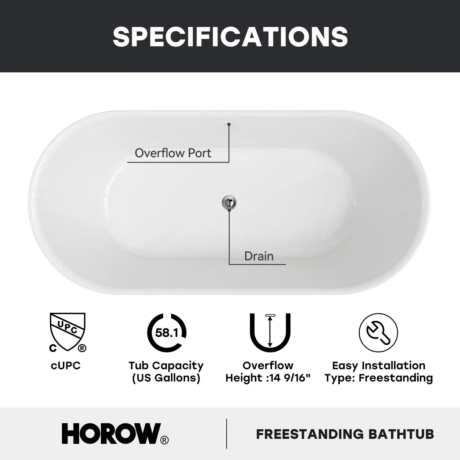HOROW 59 Inch Acrylic Freestanding Tub Model ST59-CH