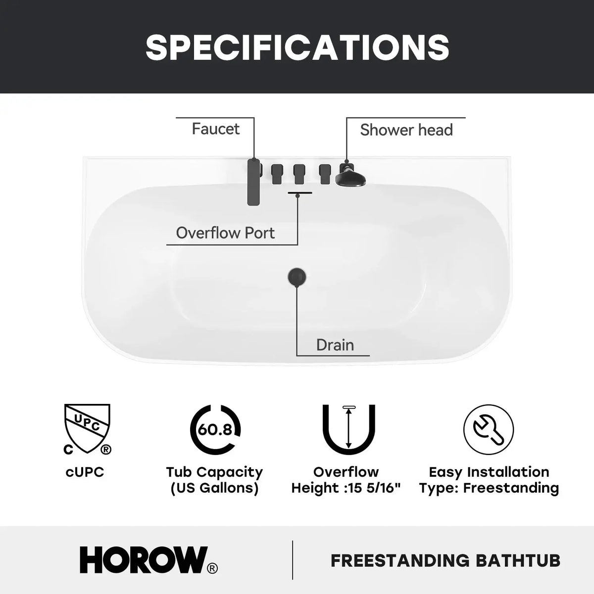 59 Inch Acrylic Back to Wall Tub with Faucet and Shower Head Model SU59-MB HOROW