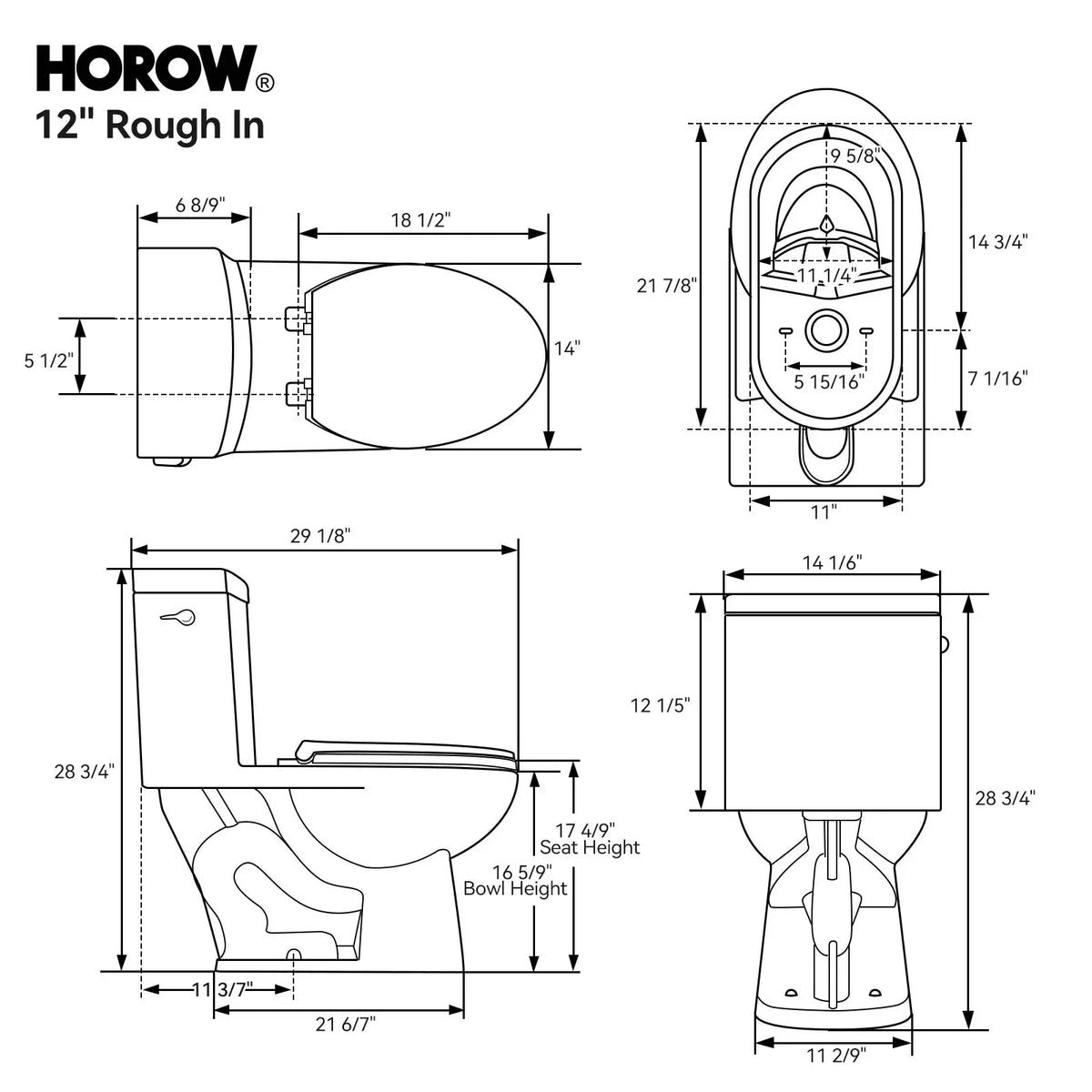 Single Flush Toilet with ADA Seat Height for 12 Inch Rough In Model T0352W HOROW