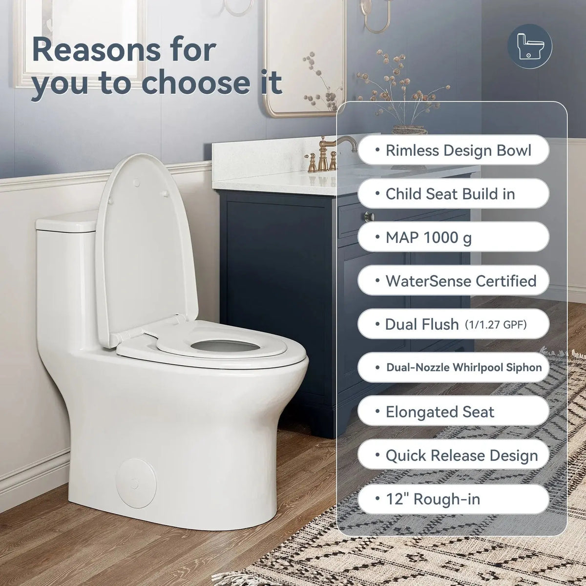 HOROW Dual Flush One Piece Toilet with Built in Child Seat and Rimless Bowl Model T0356W HOROW