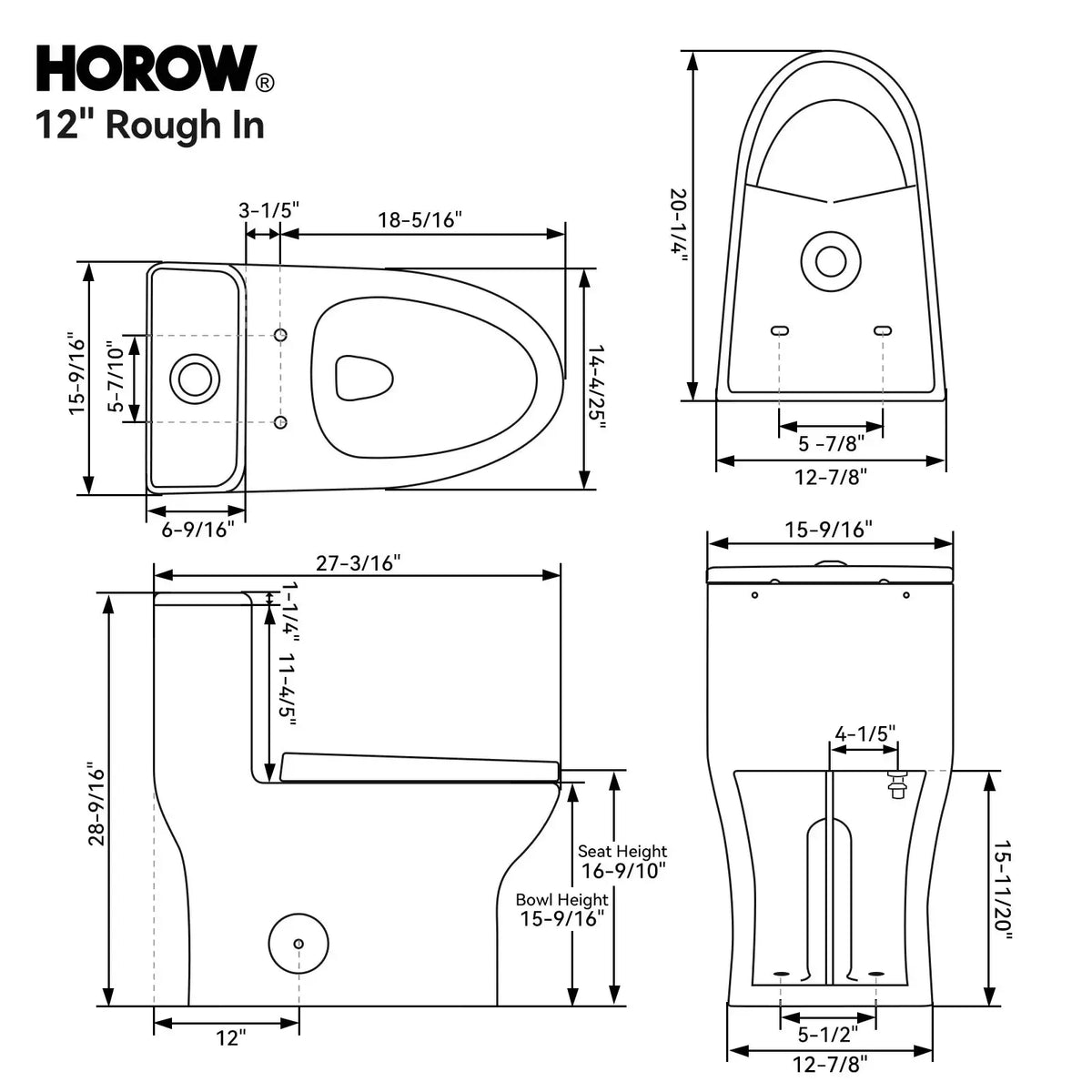 HOROW Dual Flush One Piece Toilet with Built in Child Seat and Rimless Bowl Model T0356W HOROW
