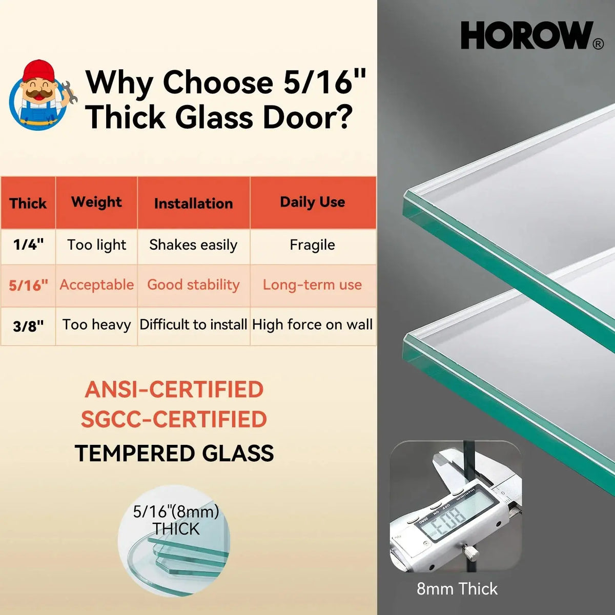 Frameless Sliding Shower Enclosure with Fixed Single Panel HOROW